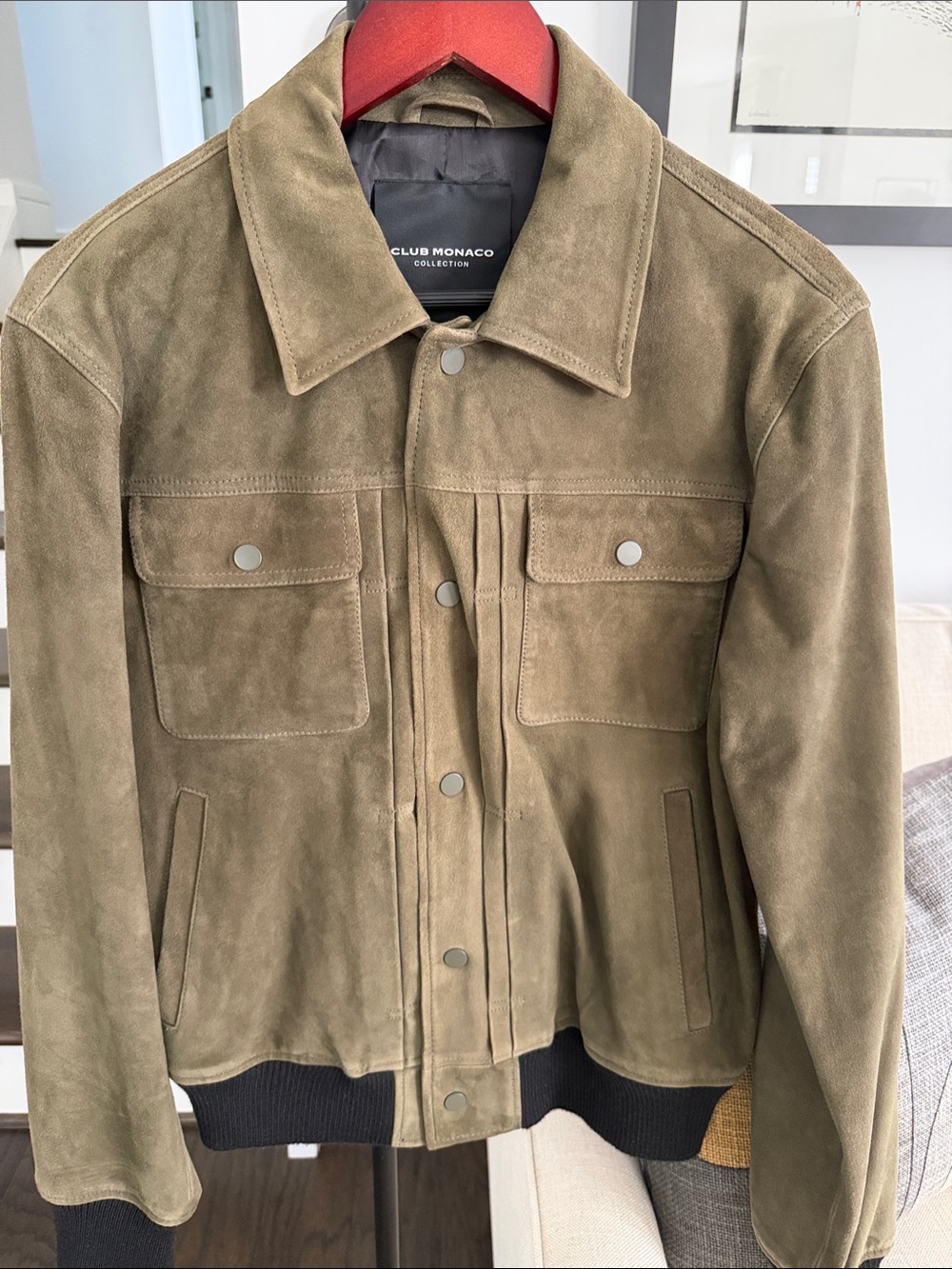 Club Monaco Olive Suede Bomber Jacket with Ribbed Hem
